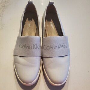 Calvin Klein White Leather Sneakers with Pale Grey Wide Elastic Band on Top 9.5